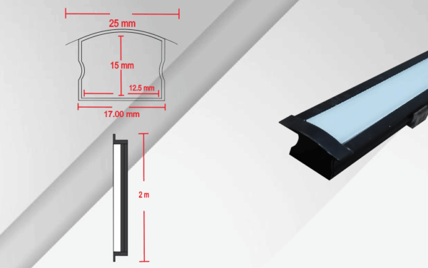 CA-1215-N-B-E2 ,  2M CANALETA PERFIL ALUMINIO NEGRO PC BLANCO 7W EMPOTRAR