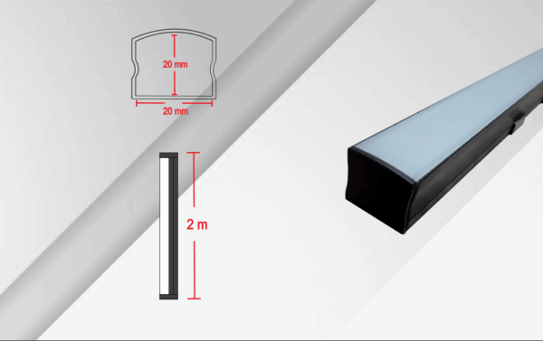 CA-2020-N-B-S, 2M CANALETA ALUMINIO NEGRO PC BLANCO 7-22W SOBREPONER