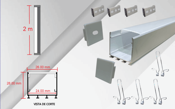 CA-2426-S, 2M CANALETA PERFIL ALUMINIO FROST P/TIRA 7-22W SOBREPONER