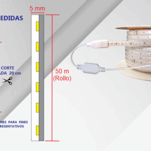 MA-8W-20-I-30, 50MTS MANGUERA 127V, 8W/M, 120x2835, IP65, 3000°K, CORTE C/20CM, ATENUABLE 24/7