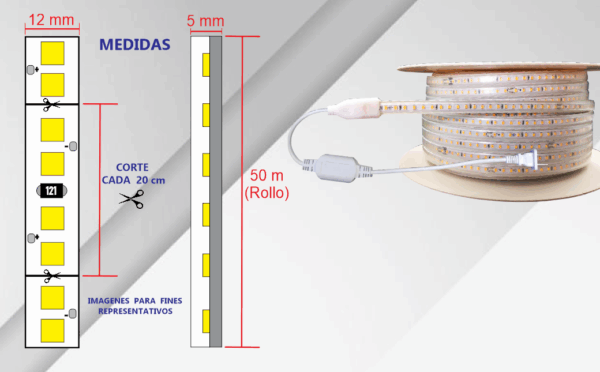 MA-8W-20-I-30, 50MTS MANGUERA 127V, 8W/M, 120x2835, IP65, 3000°K, CORTE C/20CM, ATENUABLE 24/7