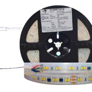 TA-28x120-14W-36, 5MTS TIRA LED 14W/M, 120x2835, 127V, CCT, DUAL, BITONO, (3000+6000°K), IP65, ATENUABLE, CORTE CADA 10CM
