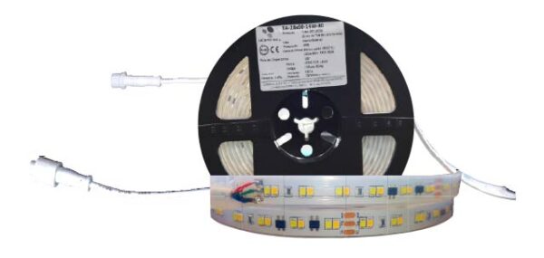 TA-28x120-14W-36, 5MTS TIRA LED 14W/M, 120x2835, 127V, CCT, DUAL, BITONO, (3000+6000°K), IP65, ATENUABLE, CORTE CADA 10CM