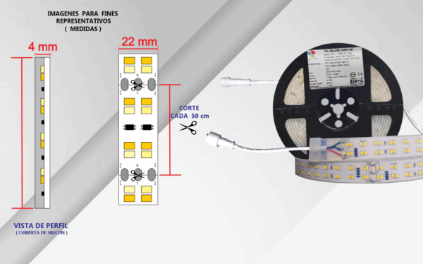 TA-28x280-30W-36, 5MTS TIRA LED 30W/M, 280x2835, 127V, CCT, DUAL, BITONO (3000+6000°K), IP65, ATENUABLE