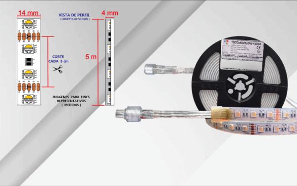 TB50x60RGBW+3014, 5M TIRA LED 14.4W/M, 60x5050,12V, IP67, RGBW 3000°K, CORTE CADA 5CM